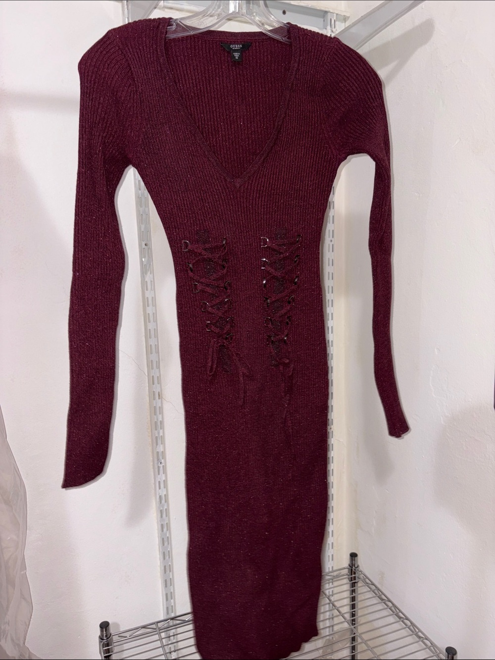 Guess Burgundy Ribbed Lace-Up Long Sleeve Dress